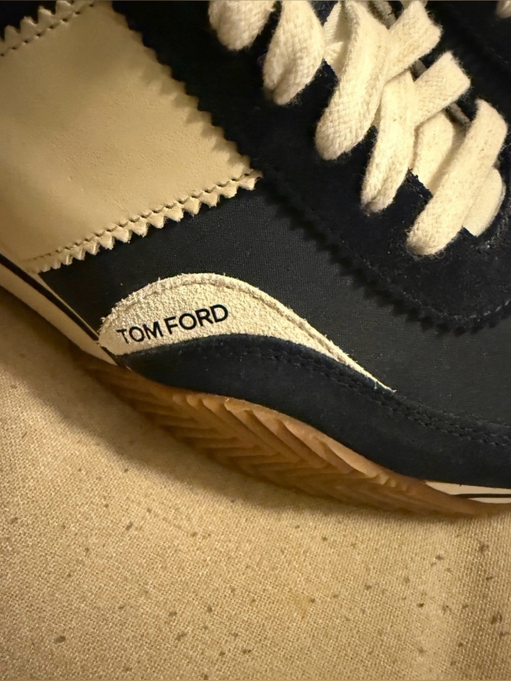 Tom Ford Navy and Cream Retro Runner Sneakers with Gum Sole